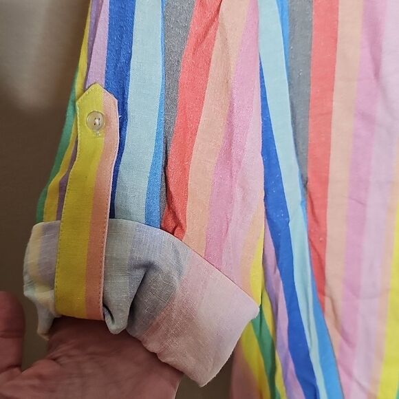 NWT GAP Linen Blend Rainbow Striped Shirt Long Sleeve Button Up Maternity Medium - Picture 3 of 10